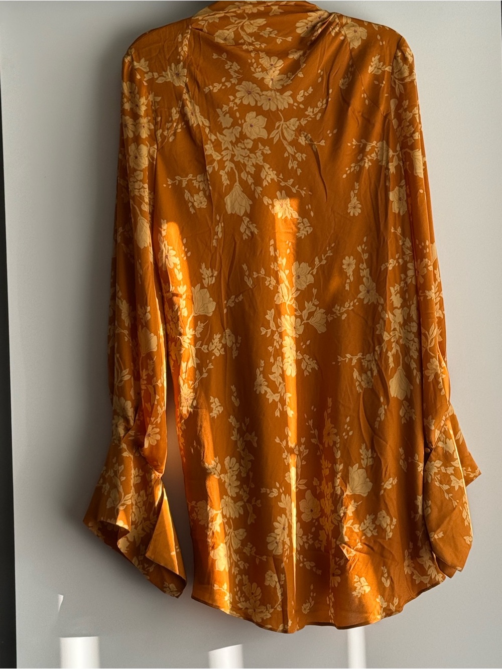 Free People Floral Satin Blouse/Dress Shirt in Mustard Yellow NWT